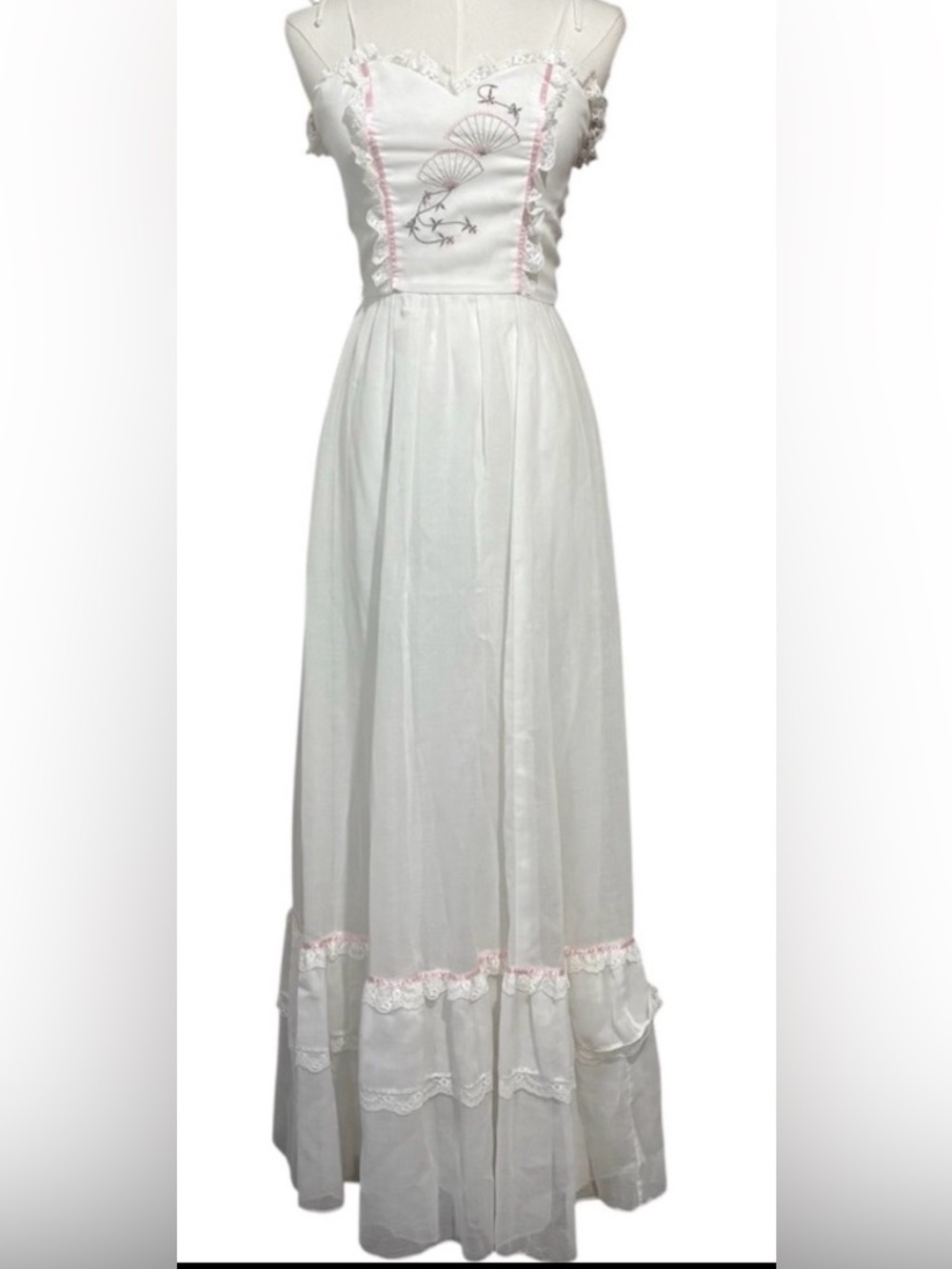 70s Vintage Maxi Slip Dress Embroidered Lace Ruffle Trim Cottage Prairie Size 7 - Picture 9 of 11